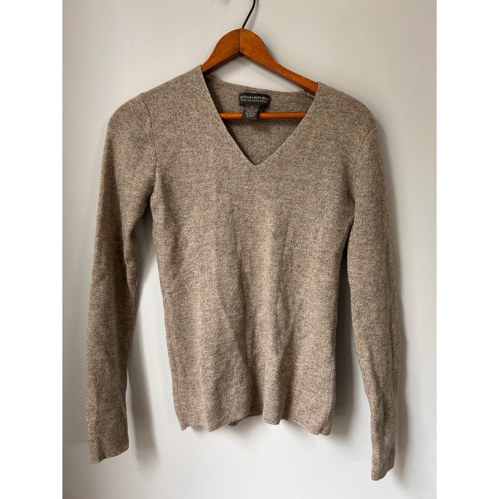 Banana Republic Extra Fine Italian Merino Wool V-Neck Sweater Tan Brown Womens M